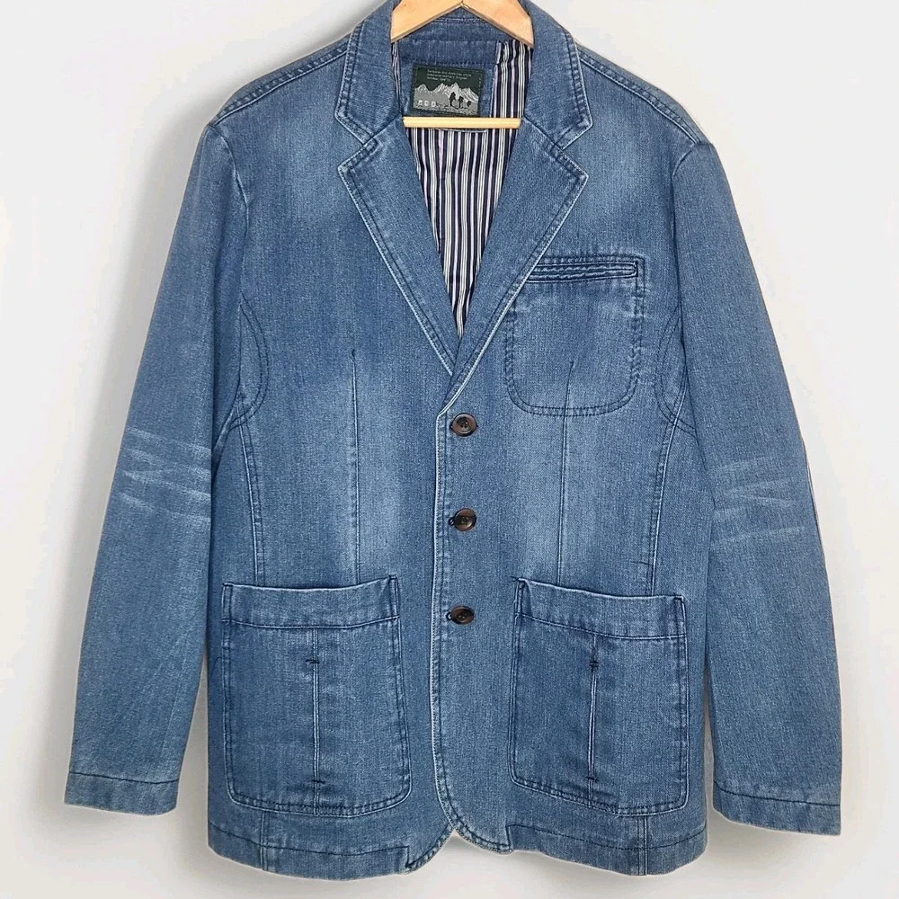European And America Style Denim Blazer Jacket Elbow Patches Chore Coat‎